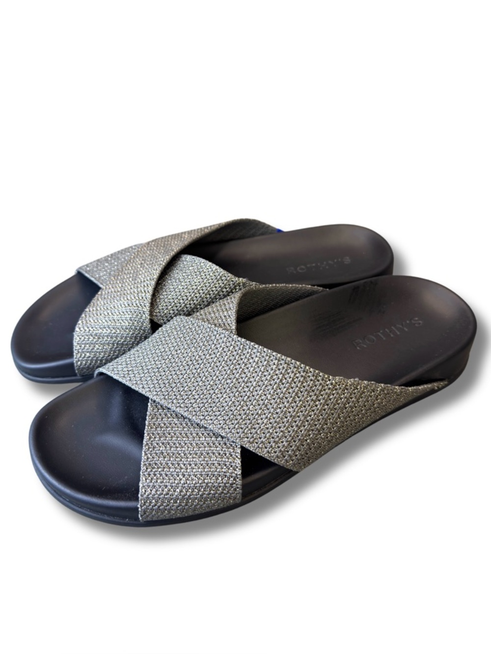 Rothy’s The Weekend Slide Sandals Women’s 8.5 Silver Sand Metallic Crisscross - Picture 2 of 11